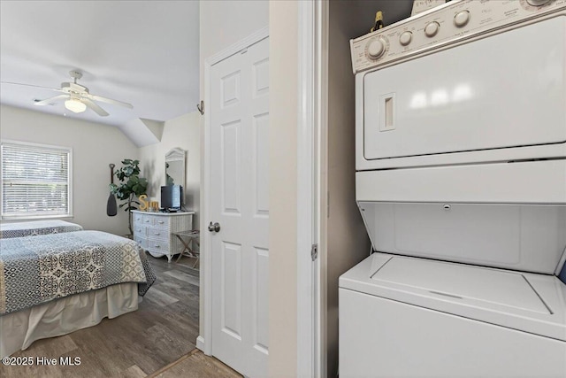 145 Royal Poste Rd # 3110, Sunset Beach, NC 28468 - laundry room with stacked washer and clothes dryer, wood finished floors, and ceiling fan