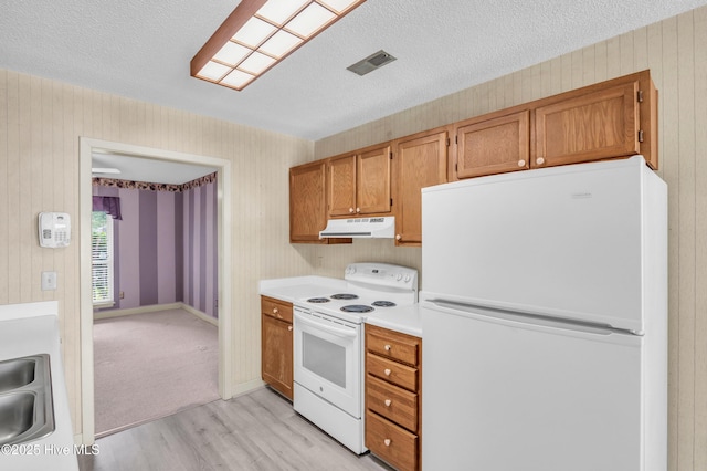 26 Combine Ln SE, Leland, NC 28451 - kitchen featuring white appliances, under cabinet range hood, light wood-style floors, a textured ceiling, and light countertops
