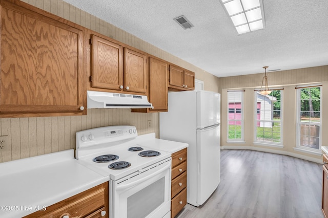 26 Combine Ln SE, Leland, NC 28451 - kitchen with white appliances, under cabinet range hood, a textured ceiling, light countertops, and light wood-style floors