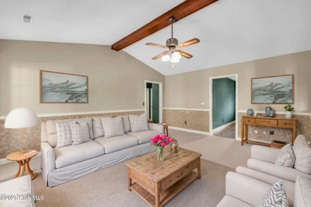 26 Combine Ln SE, Leland, NC 28451 - living room featuring carpet flooring, a ceiling fan, and wainscoting