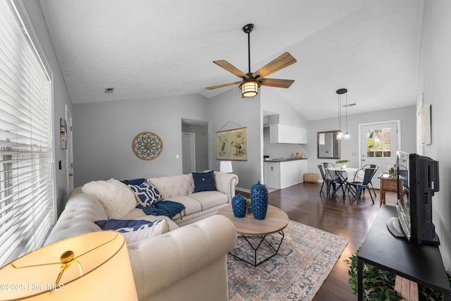 2418 Bradfield Ct, Wilmington, NC 28411 - living room with dark wood-style floors, a ceiling fan, and lofted ceiling