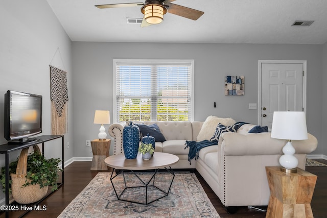 2418 Bradfield Ct, Wilmington, NC 28411 - living room featuring dark wood-style flooring and ceiling fan