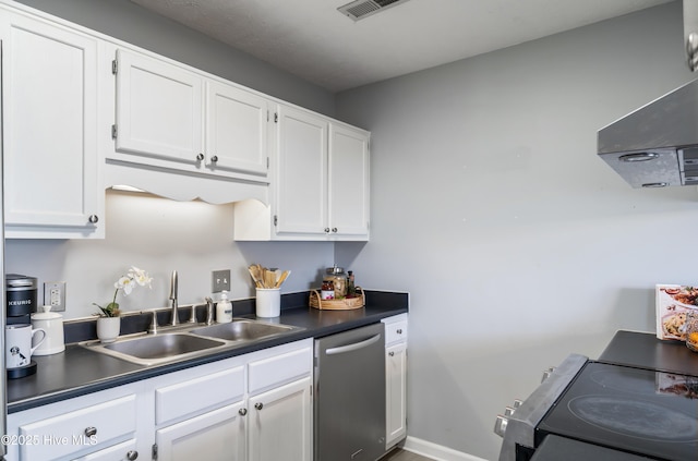 2418 Bradfield Ct, Wilmington, NC 28411 - kitchen featuring dishwasher, range with electric stovetop, dark countertops, and white cabinets