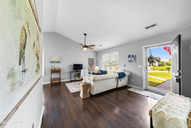 2418 Bradfield Ct, Wilmington, NC 28411 - living area with lofted ceiling, ceiling fan, and dark wood finished floors