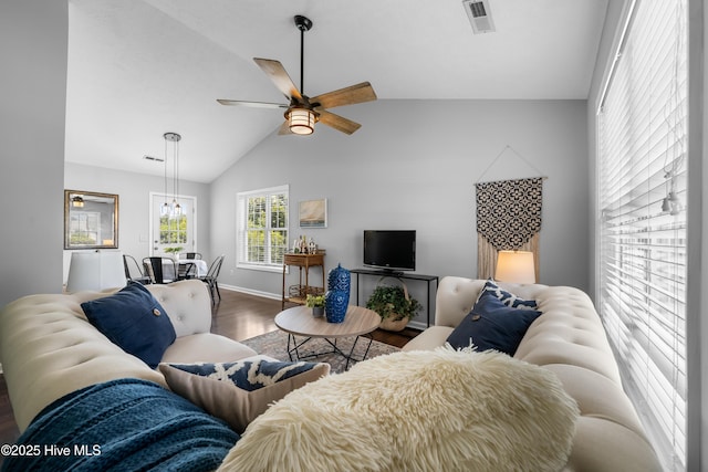 2418 Bradfield Ct, Wilmington, NC 28411 - living area featuring wood finished floors, a ceiling fan, and high vaulted ceiling