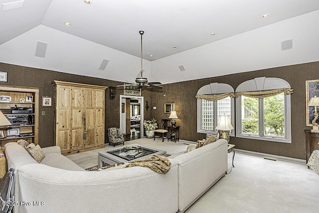 129 Steeplechase Rd, Rocky Mount, NC 27804 - living area with lofted ceiling, a ceiling fan, and recessed lighting
