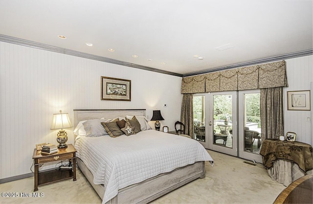 129 Steeplechase Rd, Rocky Mount, NC 27804 - bedroom featuring access to outside, crown molding, and light colored carpet