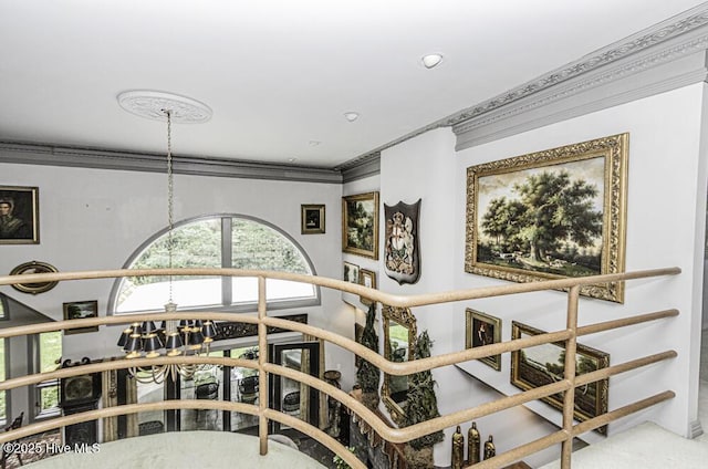 129 Steeplechase Rd, Rocky Mount, NC 27804 - stairway with ornamental molding and a chandelier