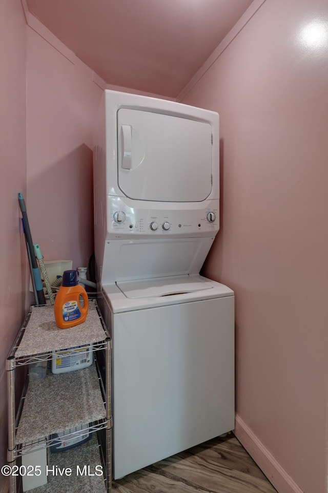 766 Swan Point Rd, Washington, NC 27889 - laundry room featuring stacked washing machine and dryer and baseboards