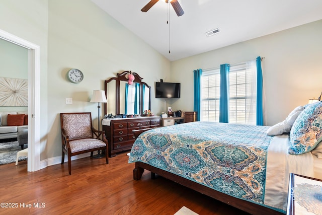 1067 Tideline Dr, Leland, NC 28451 - bedroom with wood finished floors, lofted ceiling, and ceiling fan