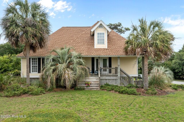 403 Emerald Landing Dr, Emerald Isle, NC 28594 - view of front of house featuring covered porch, a front yard, stairway, and roof with shingles