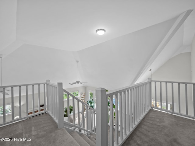 403 Emerald Landing Dr, Emerald Isle, NC 28594 - staircase featuring plenty of natural light, a ceiling fan, carpet flooring, and lofted ceiling