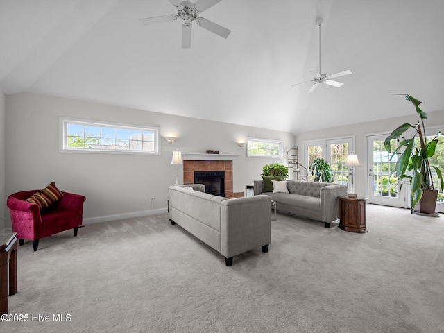 403 Emerald Landing Dr, Emerald Isle, NC 28594 - living area with ceiling fan, carpet floors, plenty of natural light, and high vaulted ceiling