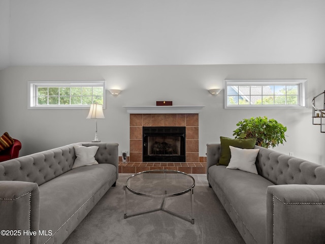 403 Emerald Landing Dr, Emerald Isle, NC 28594 - living area featuring lofted ceiling and a tile fireplace