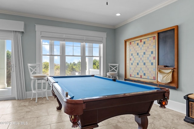 4101 Ocean Dr, Emerald Isle, NC 28594 - playroom with ornamental molding, pool table, tile patterned floors, and recessed lighting