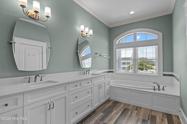 4101 Ocean Dr, Emerald Isle, NC 28594 - full bathroom with crown molding, double vanity, a bath, recessed lighting, and a chandelier
