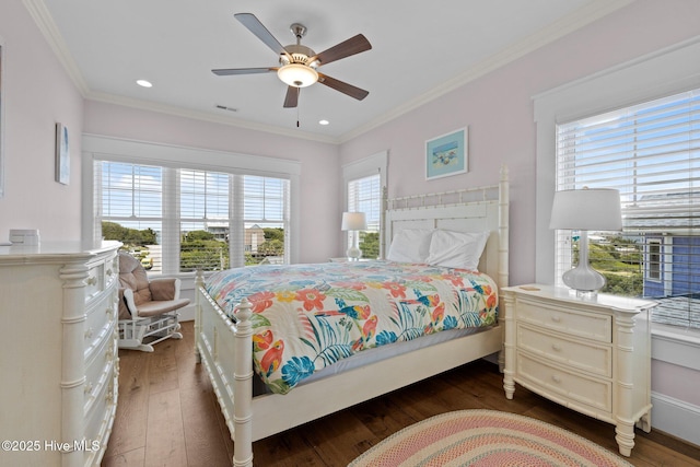 4101 Ocean Dr, Emerald Isle, NC 28594 - bedroom featuring wood-type flooring, crown molding, a ceiling fan, and recessed lighting