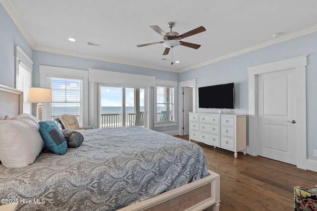 4101 Ocean Dr, Emerald Isle, NC 28594 - bedroom featuring access to exterior, multiple windows, dark wood-style flooring, ornamental molding, and recessed lighting