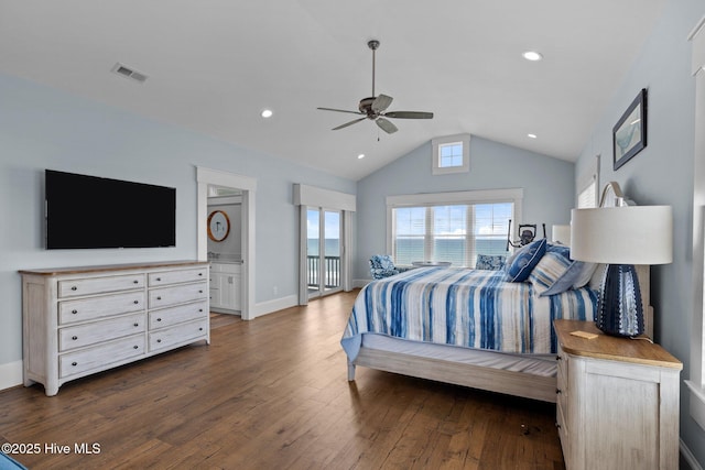 4101 Ocean Dr, Emerald Isle, NC 28594 - bedroom with lofted ceiling, dark wood finished floors, recessed lighting, and ceiling fan