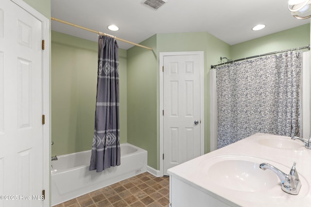 1281 Washington Rd, Southport, NC 28461 - full bathroom with shower / bathtub combination with curtain, recessed lighting, and double vanity