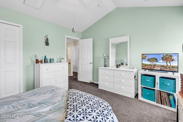 2129 Cass Lake Dr, Calabash, NC 28467 - bedroom with dark carpet and high vaulted ceiling