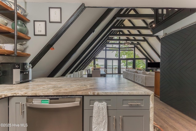 211 Fannie Creek Ln, Sneads Ferry, NC 28460 - kitchen with dishwasher, gray cabinetry, wood finished floors, beamed ceiling, and open floor plan