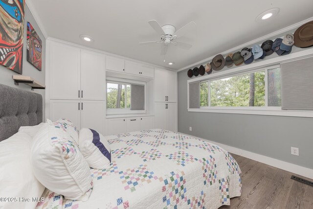 211 Fannie Creek Ln, Sneads Ferry, NC 28460 - bedroom featuring wood finished floors, recessed lighting, ornamental molding, and a ceiling fan
