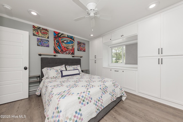 211 Fannie Creek Ln, Sneads Ferry, NC 28460 - bedroom featuring ornamental molding, light wood-style flooring, recessed lighting, and a ceiling fan