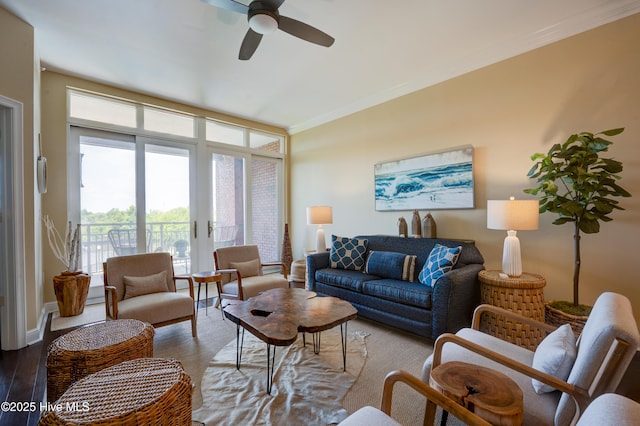 203 Sky Sail Blvd, New Bern, NC 28560 - living area featuring a ceiling fan, crown molding, and wood finished floors