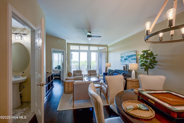 203 Sky Sail Blvd, New Bern, NC 28560 - living area with a ceiling fan, wood finished floors, and ornamental molding