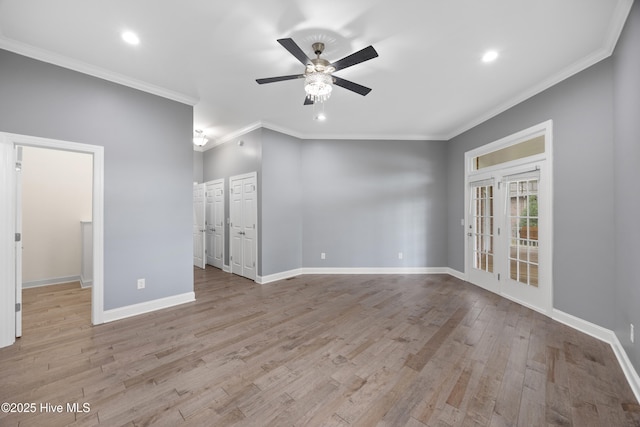 376 Red Fox Run Dr, Wallace, NC 28466 - unfurnished room featuring a ceiling fan, recessed lighting, wood finished floors, french doors, and ornamental molding