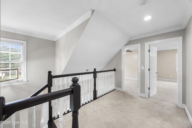 376 Red Fox Run Dr, Wallace, NC 28466 - hallway with an upstairs landing, carpet floors, ornamental molding, and lofted ceiling