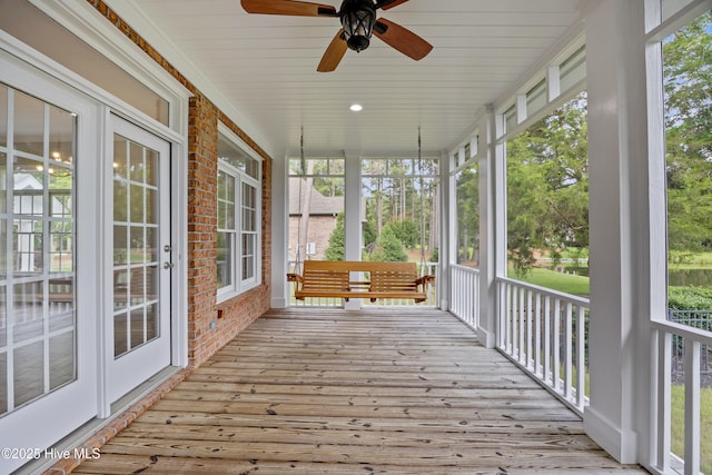 376 Red Fox Run Dr, Wallace, NC 28466 - unfurnished sunroom with wood ceiling, a ceiling fan, and hardwood / wood-style floors