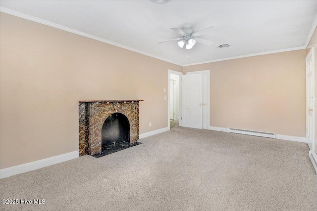 102 SE Third St, Snow Hill, NC 28580 - unfurnished living room with ceiling fan, ornamental molding, a baseboard radiator, a fireplace with flush hearth, and carpet flooring