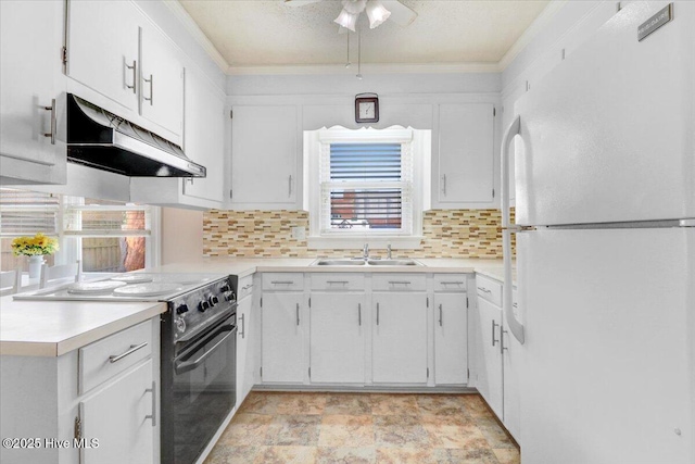 102 SE Third St, Snow Hill, NC 28580 - kitchen with freestanding refrigerator, under cabinet range hood, black electric range oven, healthy amount of natural light, and ornamental molding