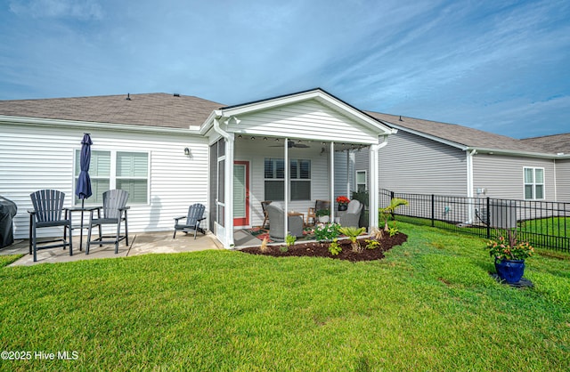 9363 Eagle Ridge Dr, Calabash, NC 28467 - rear view of property featuring ceiling fan, a patio, an outdoor living space, and roof with shingles