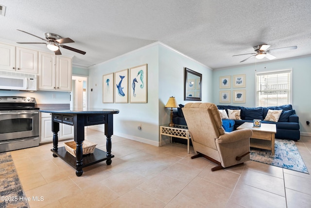 316 E Dolphin Dr, Oak Island, NC 28465 - living area featuring ceiling fan, a textured ceiling, light tile patterned flooring, and crown molding