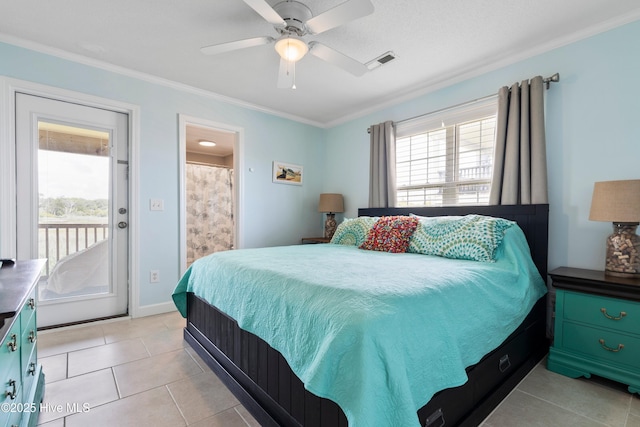 316 E Dolphin Dr, Oak Island, NC 28465 - bedroom with access to outside, crown molding, light tile patterned floors, ceiling fan, and connected bathroom