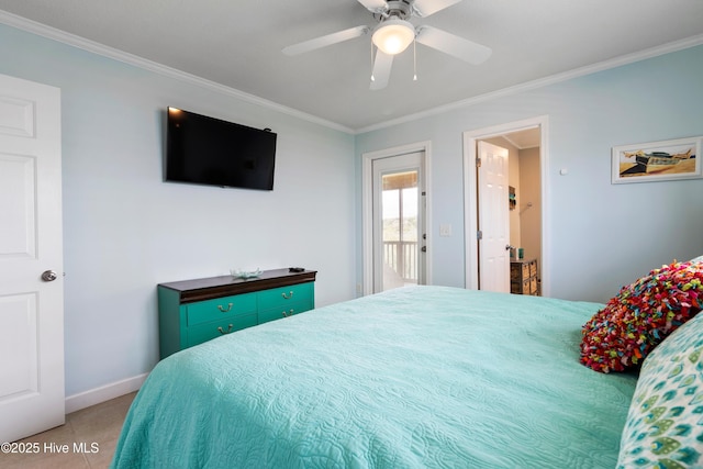 316 E Dolphin Dr, Oak Island, NC 28465 - carpeted bedroom with crown molding and ceiling fan