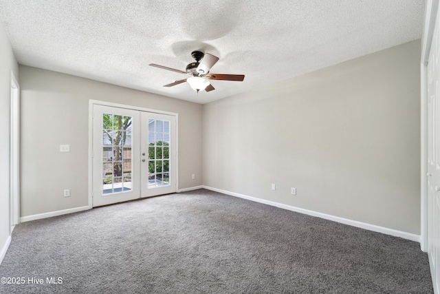 802 Mayfield Ct, Wilmington, NC 28411 - empty room featuring ceiling fan, french doors, carpet flooring, and a textured ceiling