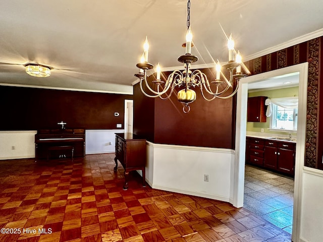 9550 NC-171, Williamston, NC 27892 - dining area featuring a chandelier, ornamental molding, and wainscoting