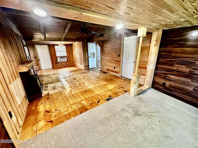 9550 NC-171, Williamston, NC 27892 - below grade area with wooden walls, wood ceiling, ceiling fan, and light wood-type flooring