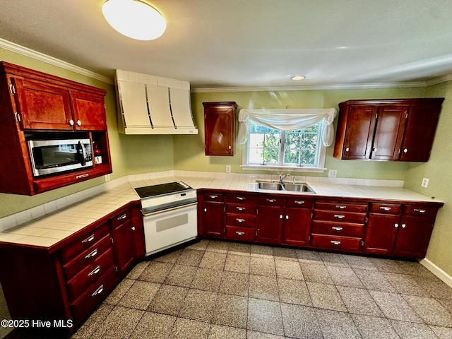9550 NC-171, Williamston, NC 27892 - kitchen with stainless steel microwave, ventilation hood, electric range, crown molding, and dark brown cabinets
