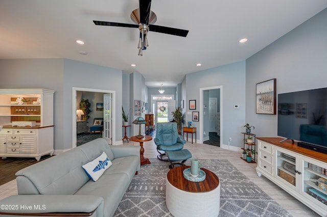 8508 Hammock Dunes Dr, Wilmington, NC 28411 - living room with wood finished floors, ceiling fan, and recessed lighting
