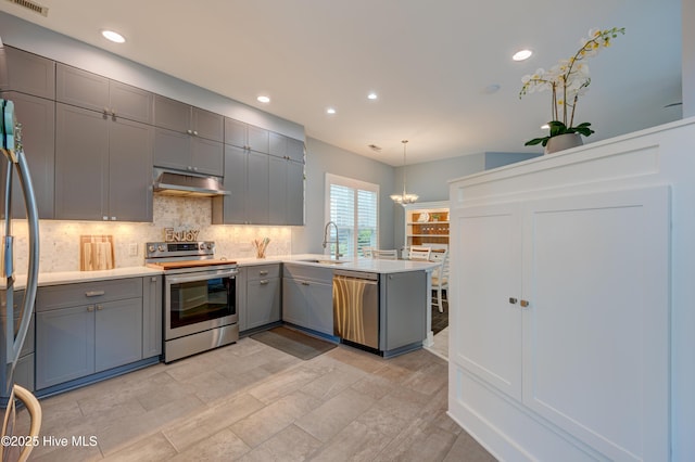 8508 Hammock Dunes Dr, Wilmington, NC 28411 - kitchen with stainless steel appliances, gray cabinetry, a peninsula, under cabinet range hood, and tasteful backsplash