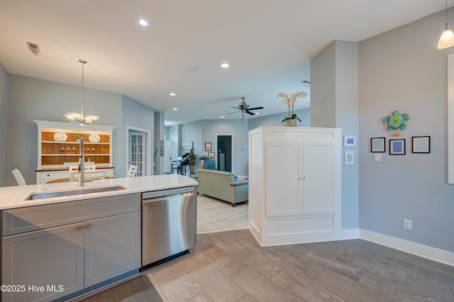 8508 Hammock Dunes Dr, Wilmington, NC 28411 - kitchen featuring stainless steel dishwasher, ceiling fan, decorative light fixtures, recessed lighting, and light countertops
