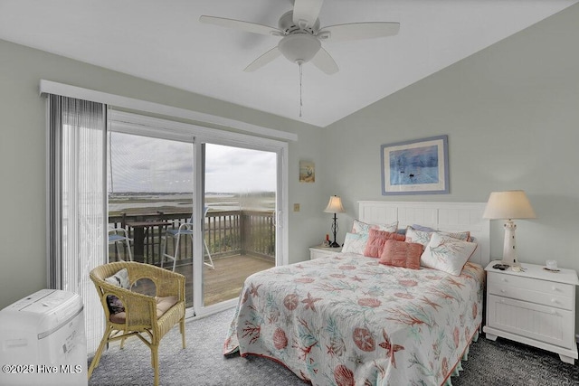 1785 New River Inlet Rd Unit 2, North Topsail Beach, NC 28460 - bedroom with access to exterior, carpet, vaulted ceiling, and ceiling fan