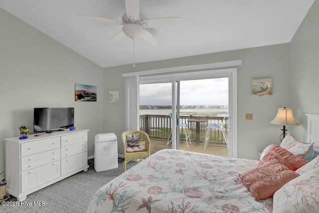 1785 New River Inlet Rd Unit 2, North Topsail Beach, NC 28460 - bedroom featuring access to exterior, lofted ceiling, light colored carpet, and ceiling fan