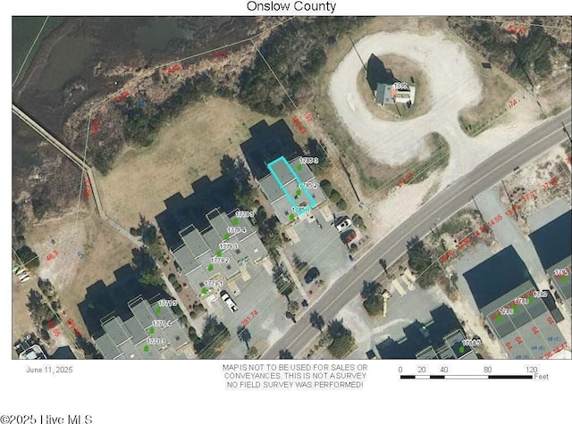 1785 New River Inlet Rd Unit 2, North Topsail Beach, NC 28460 - aerial map of property and surrounding area with property parcel outlined