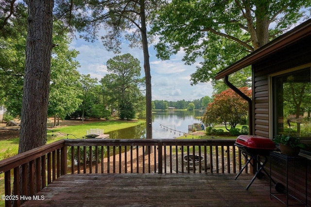 120 Shagbark Ct, Seven Lakes, NC 27376 - wooden deck featuring a water view and area for grilling